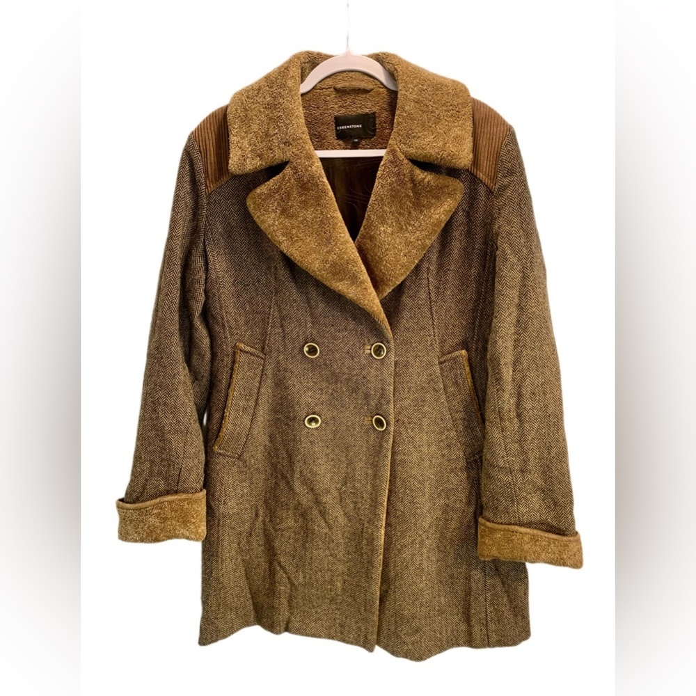 Creenstone Women's Coat  Herringbone Pattern with Corduroy Shoulders Size 38